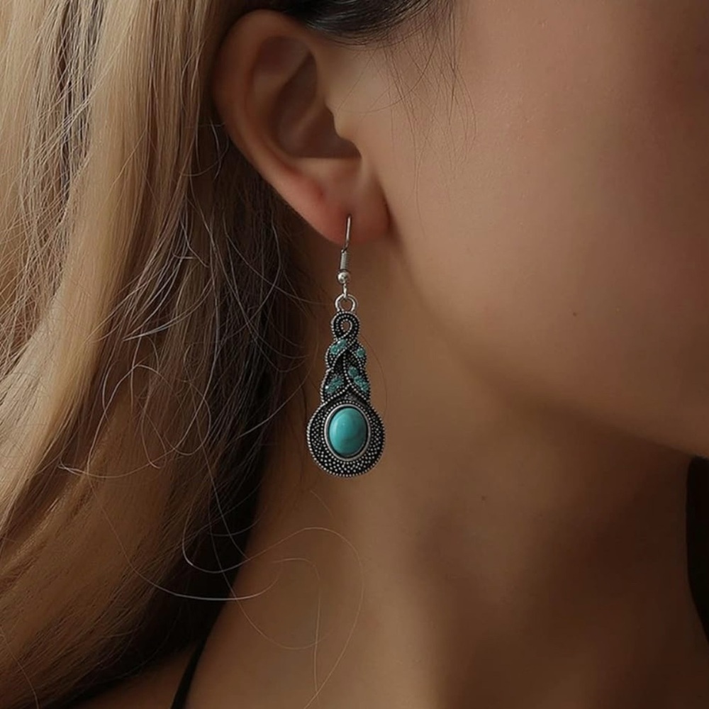 Bohemian Simulated Turquoise Drop Earrings.Vintage Silver Dangle Earrings